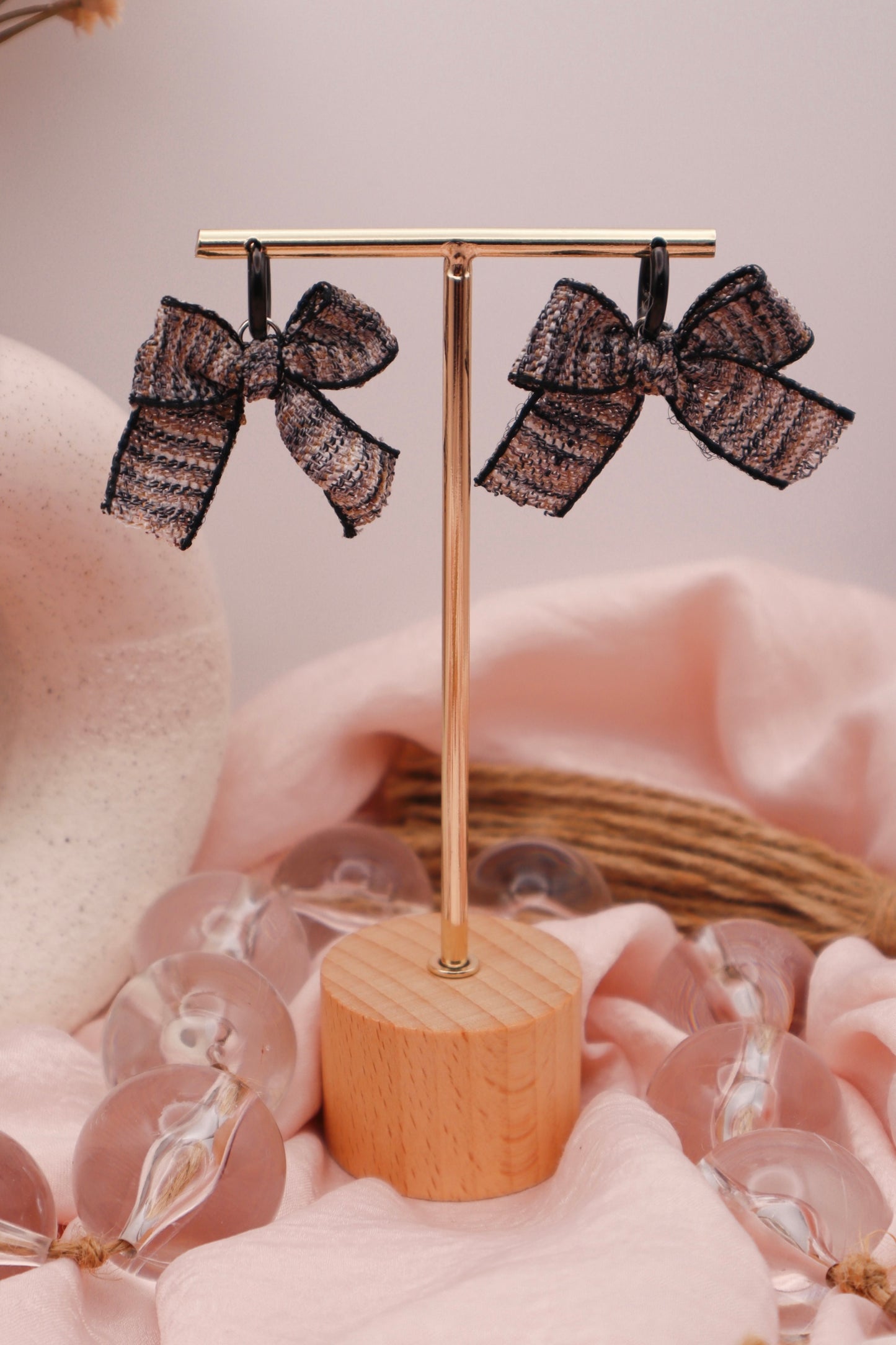 Neutral Plaid Bow Dangle